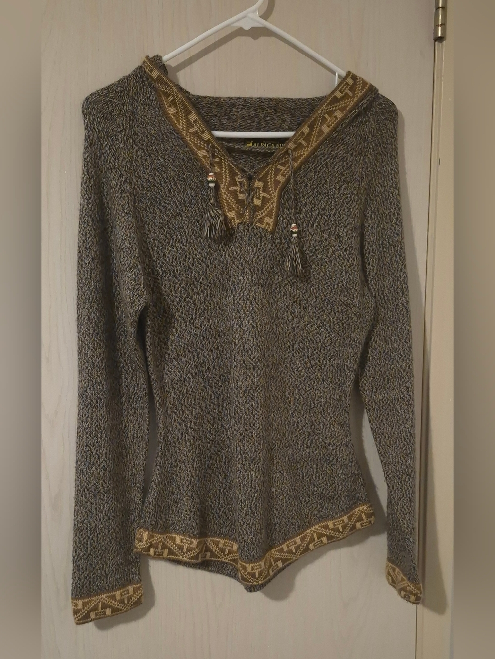 Alpaca Fina Peru Hooded Knit Sweater Brown Tan Llama Trim (S)